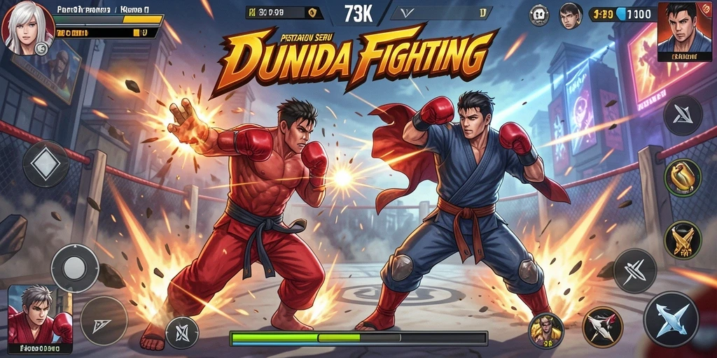 Tampilan gameplay seru dalam pertarungan 73K dengan berbagai karakter unik.