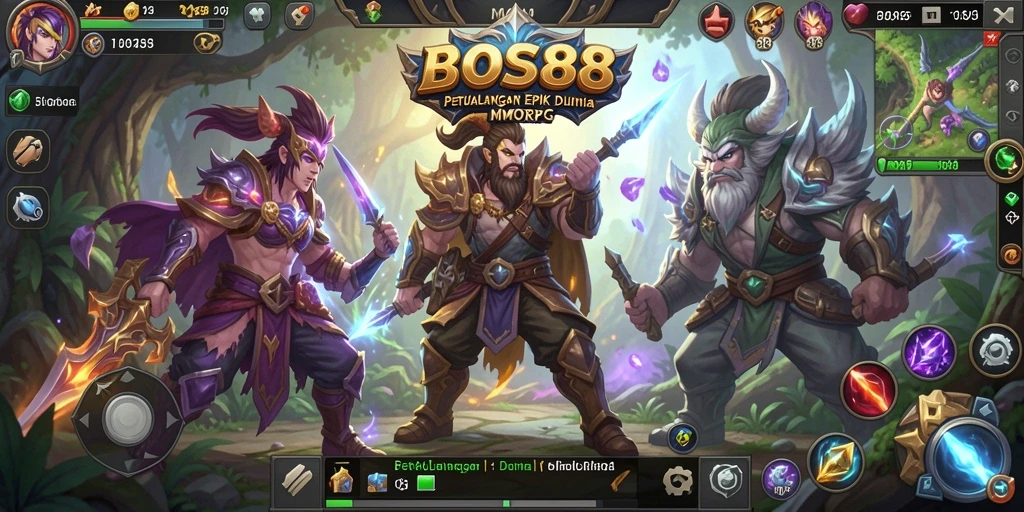Screenshot gameplay BOS88 menunjukkan pertempuran epik dan dunia yang menakjubkan.