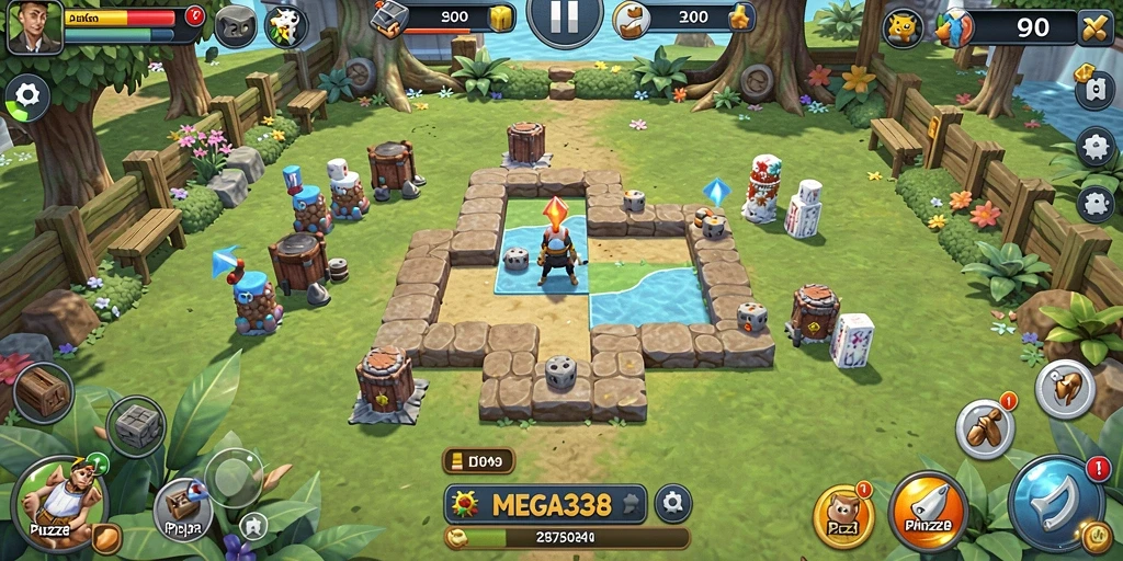 Tangkapan layar utama MEGA338 menampilkan gameplay puzzle yang menantang.