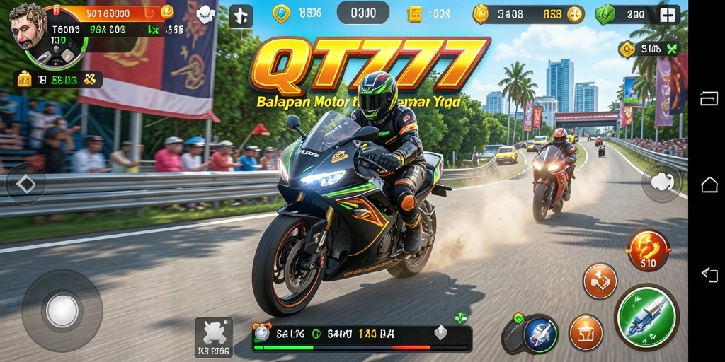Screenshot gameplay QT777 menunjukkan aksi balapan motor yang intens.