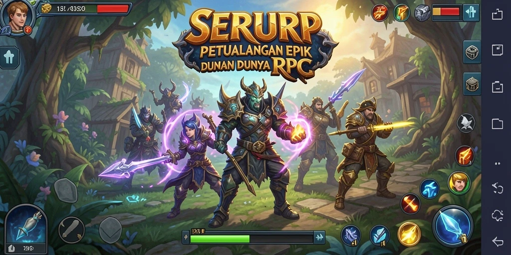 Tampilan gameplay SERURP dengan pertarungan karakter di dunia fantasi.