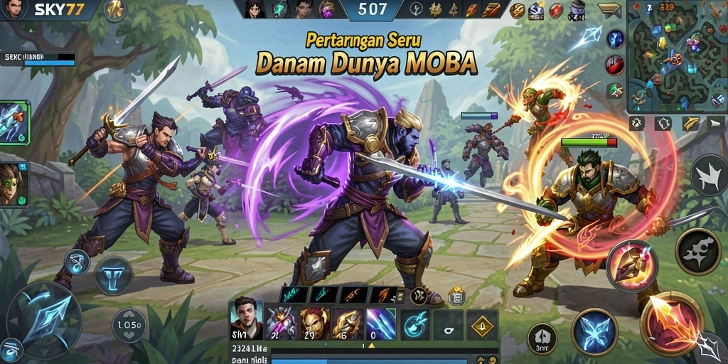 Gameplay seru dalam pertarungan tim MOBA di SKY77.