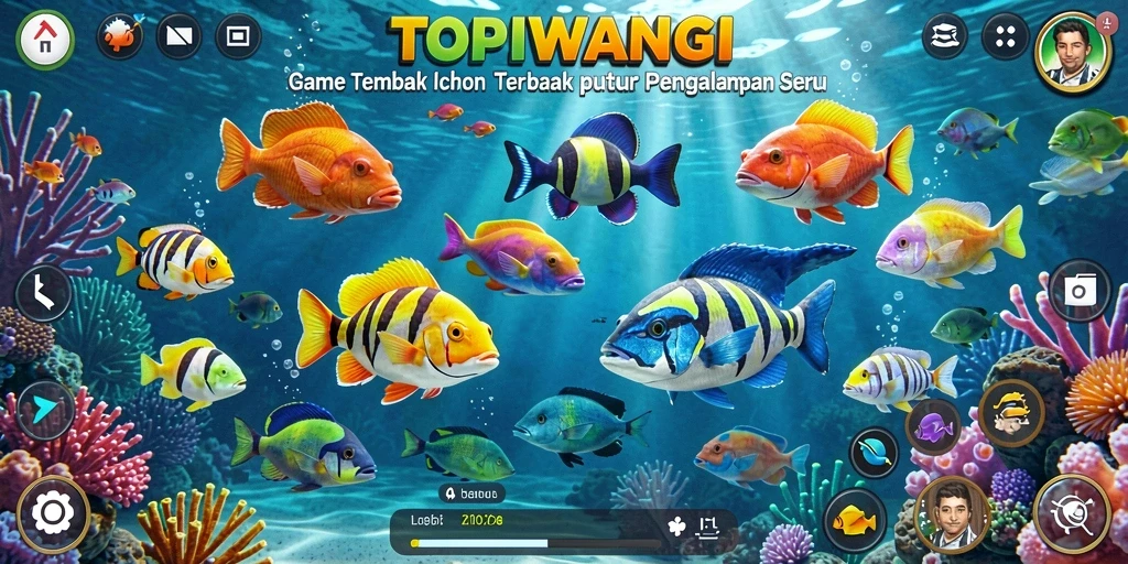 Tampilan gameplay seru dalam TOPIWANGI dengan banyak ikan.